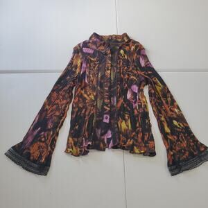 90s Y2K Fairy Grunge Whimsigoth Witch Shirt Womens 2X Black Orange Pleated Lace